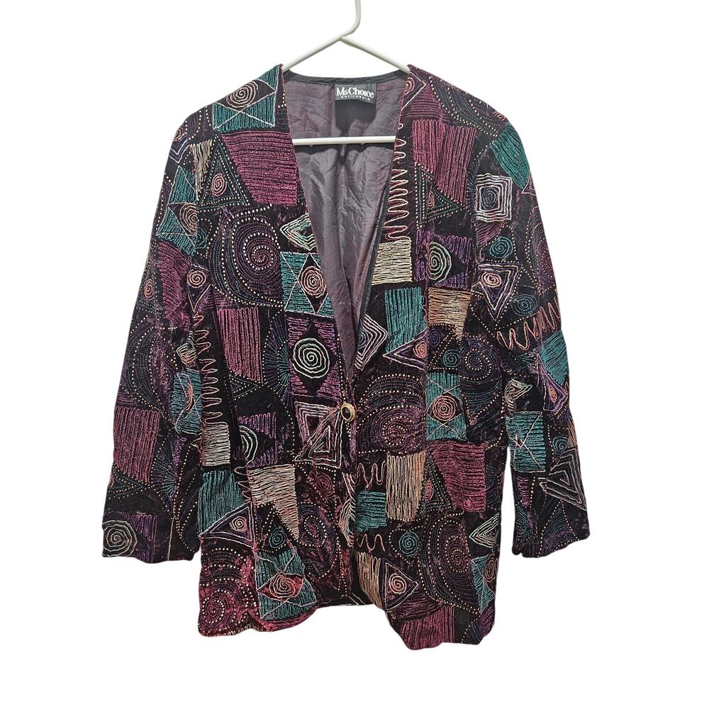 90s Embroidered Art Blazer Teal Purple Abstract Tapestry Boho Retro XL